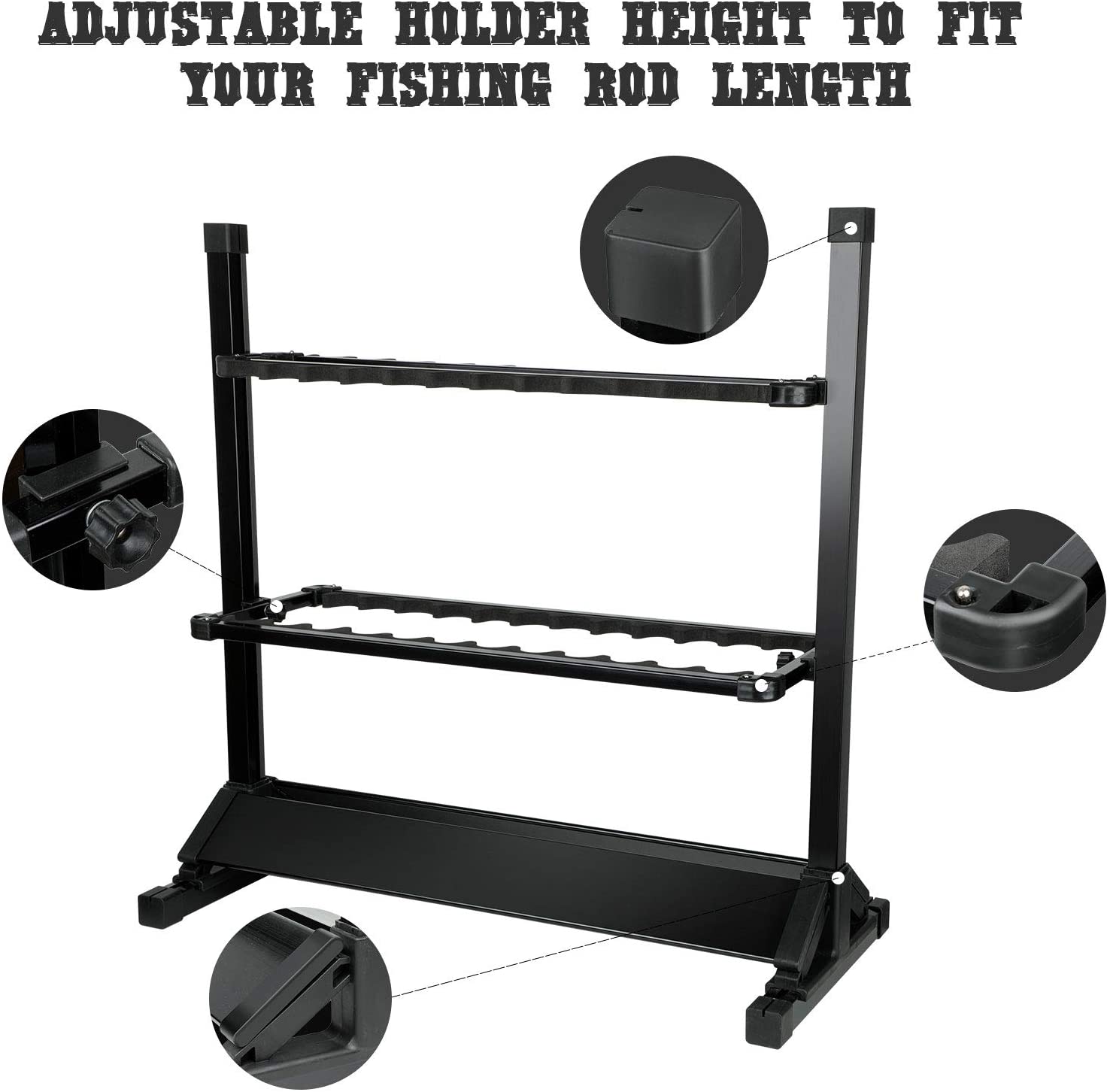 LUXHMOX Fishing-Holder Stand displaying 24 fishing rods organized neatly with reels attached, showcasing its sturdy and space-saving design.